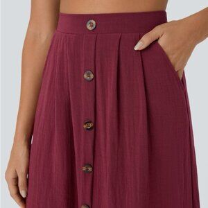 Halara High Waisted Side Pocket Button A Line Midi Linen-Feel Skirt Sz XS NWT